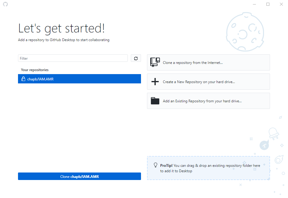 Image of github desktop 'Let's get started!' page.