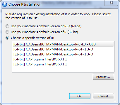 Image showing selection options of R versions to choose from.