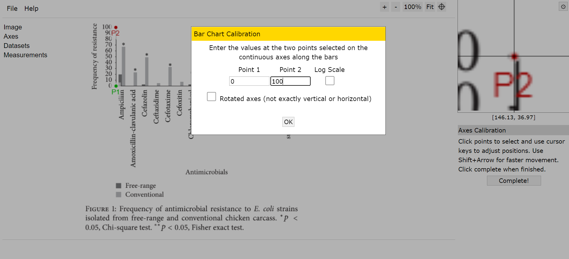 An image of calibration point values entered for this example.