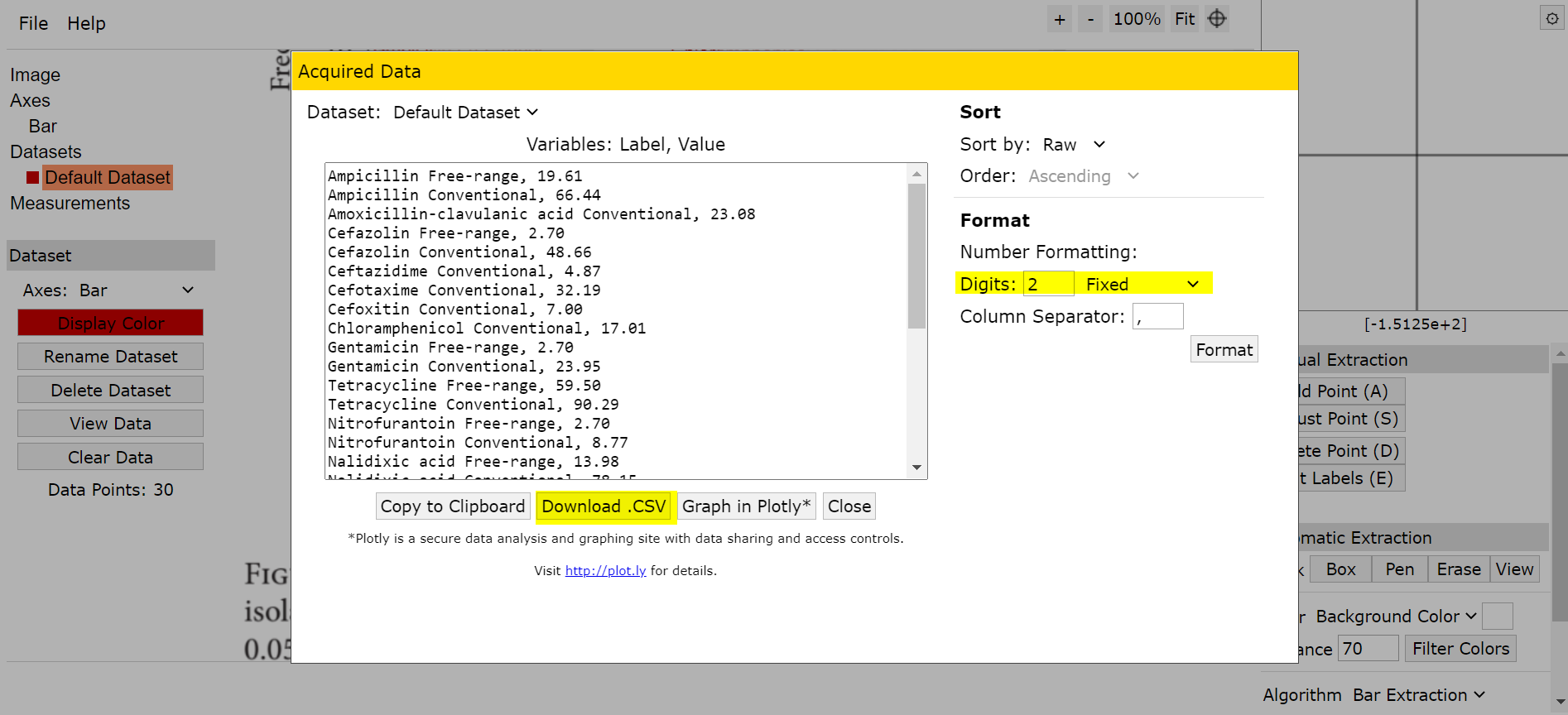 Image of "View Data" window with number formatting.