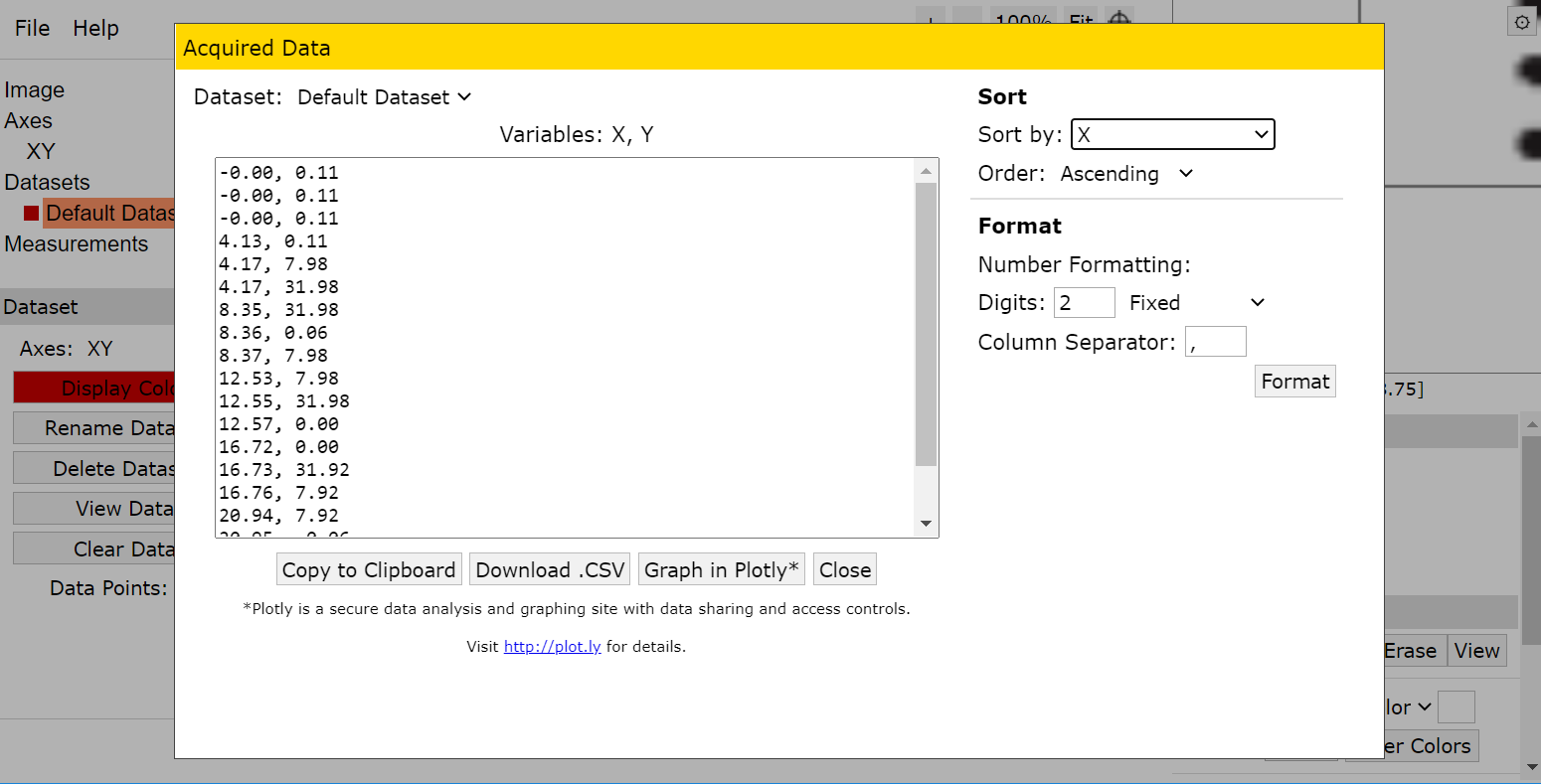 Image of view data window with data sorted by x-value.