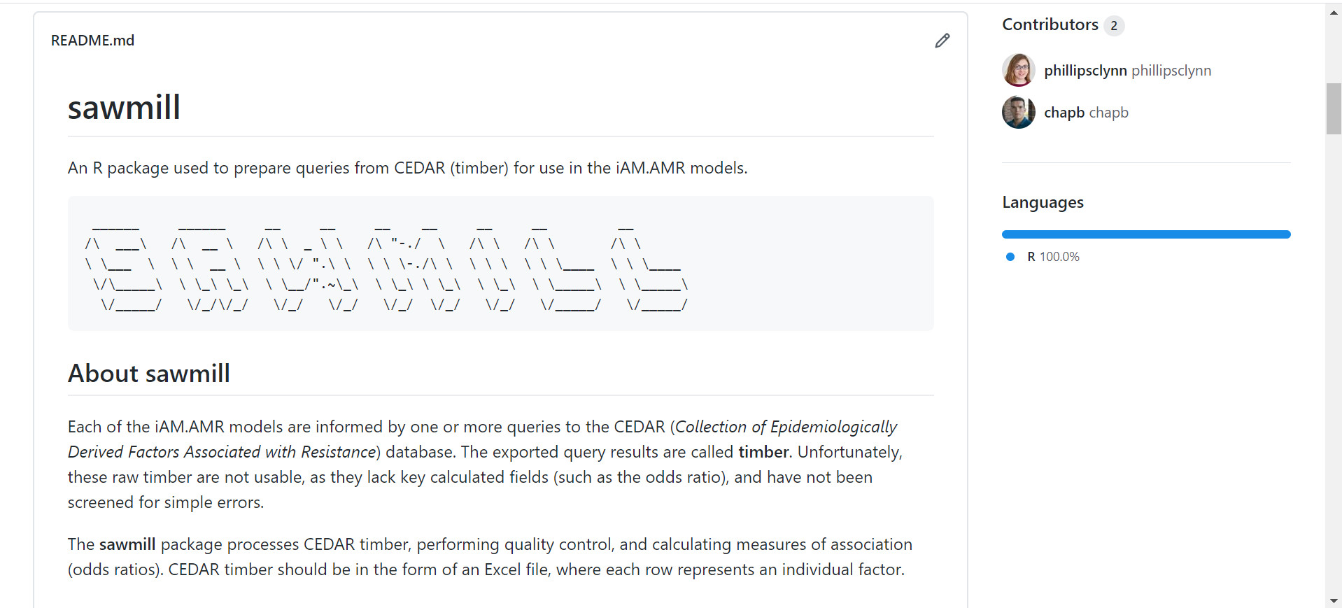 Image of README.md file for sawmill on github.