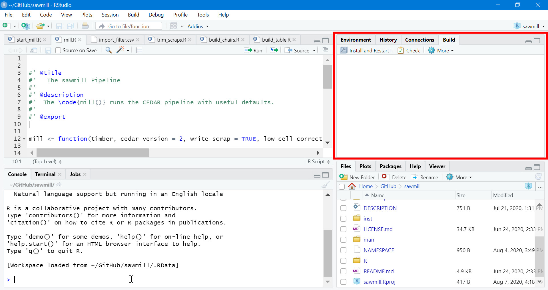 Image of RStudio with upper right region highlighted to show the location of the build tab.