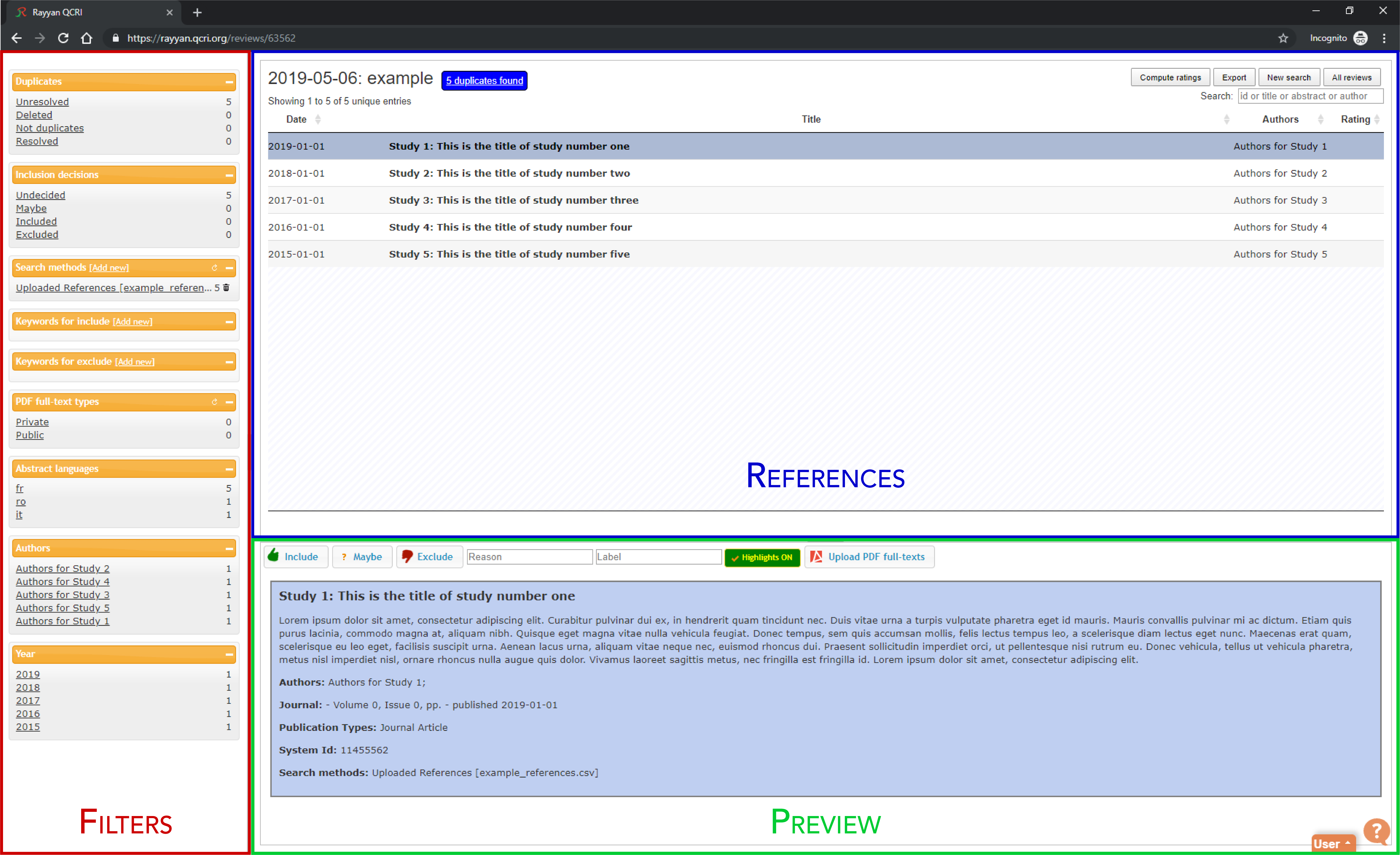 Image of the Rayyan interface with the filters labeled on the left, references labeled on the upper right and preview labeled on the lower right.
